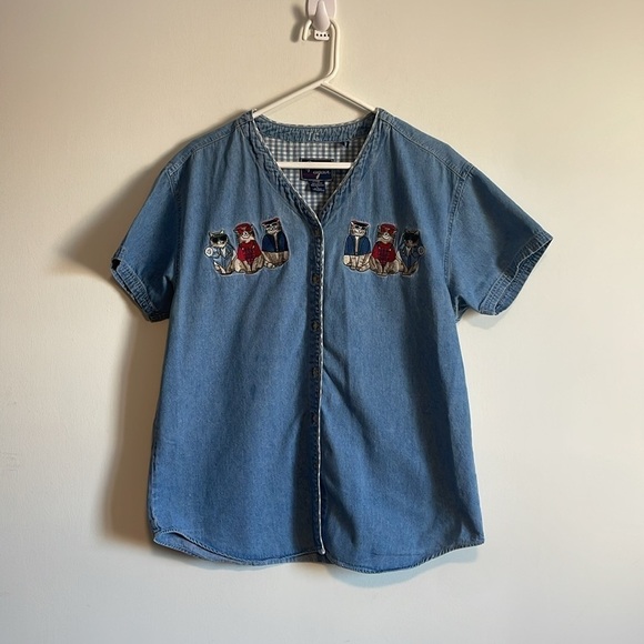 90s Cottage Cat Embroidered Cool Shirt Denim Granny Large Jean Blue Catlady - Picture 2 of 16